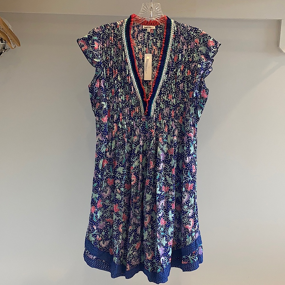 Poupette St. Barth Navy Floral Midi Dress with Pink & Green Accents